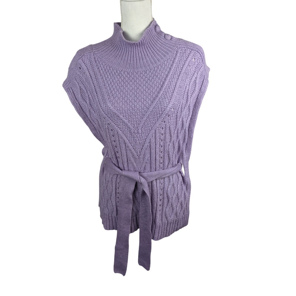 Marie Oliver Lavender Cable Knit Belted Mock Neck Sweater Vest Purple Medium